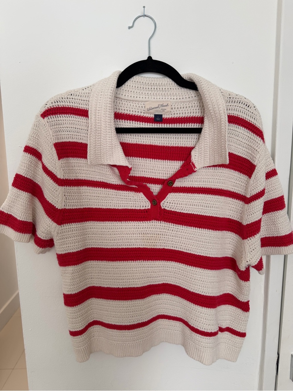 Universal Thread Cream and Red Crochet Polo Sweater